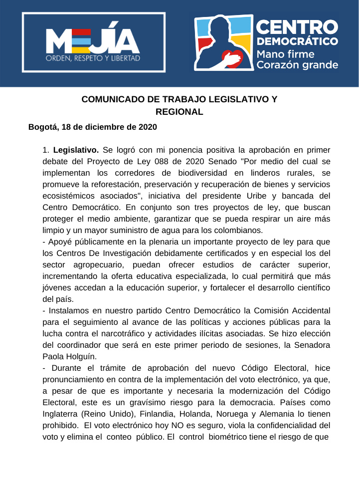 Informe de gestión legislativa Senador Calos Felipe Mejía